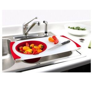 Dexas over the sink Polly cutting board with collapsing colander strainer